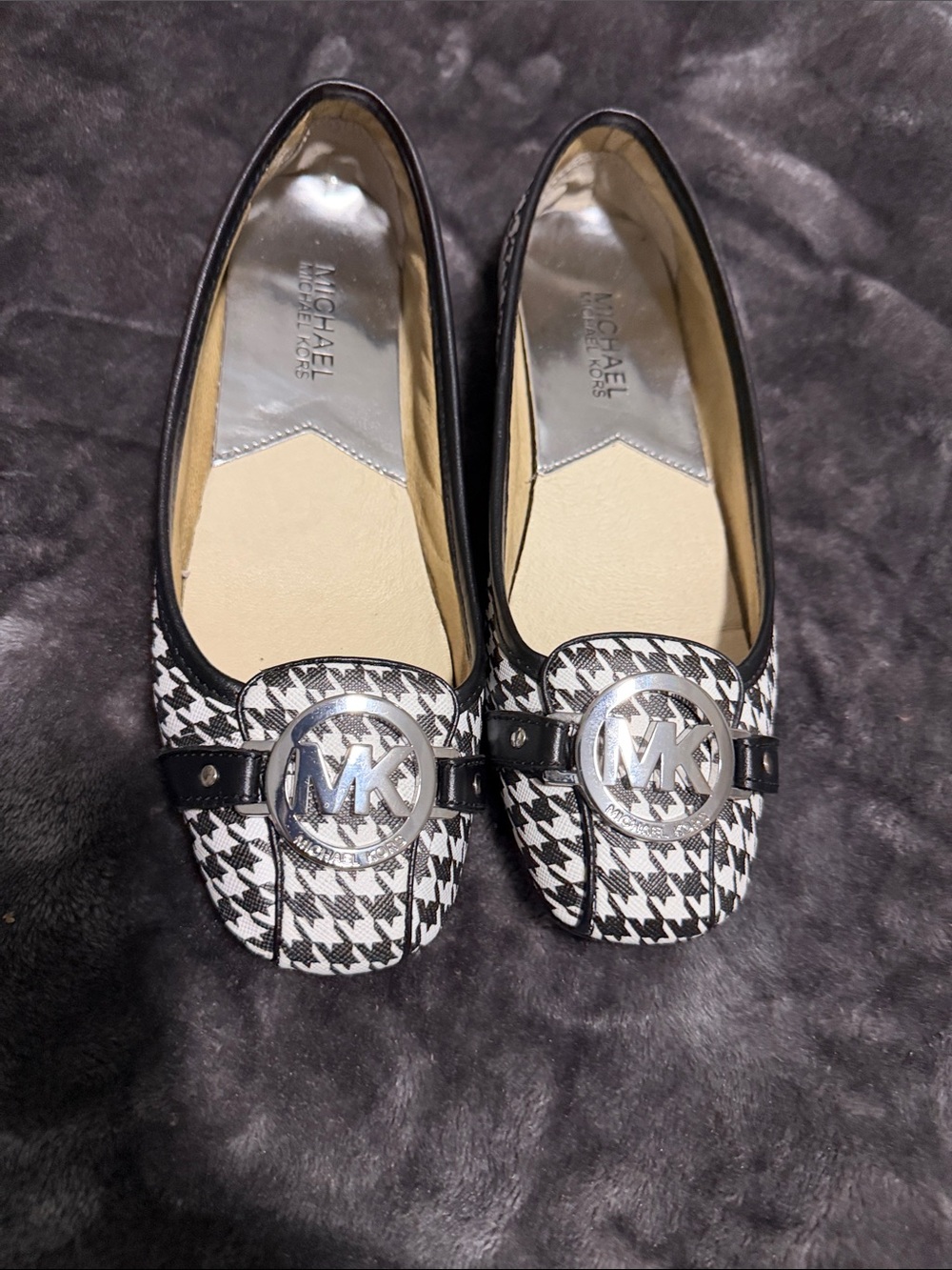 Michael Kors Black & White Houndstooth MK Logo Loafers